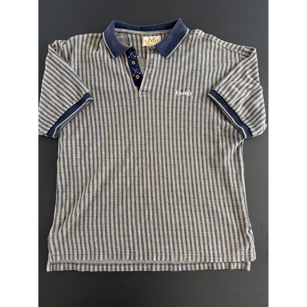 Vintage Izod Mens Large Polo Shirt Blue Tan Striped Golf Embroidered Cotton